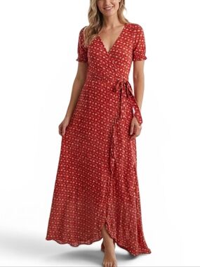 Natural Life Red Ditsy Floral Maxi Wrap Dress XL | Boho Cottagecore Prairie